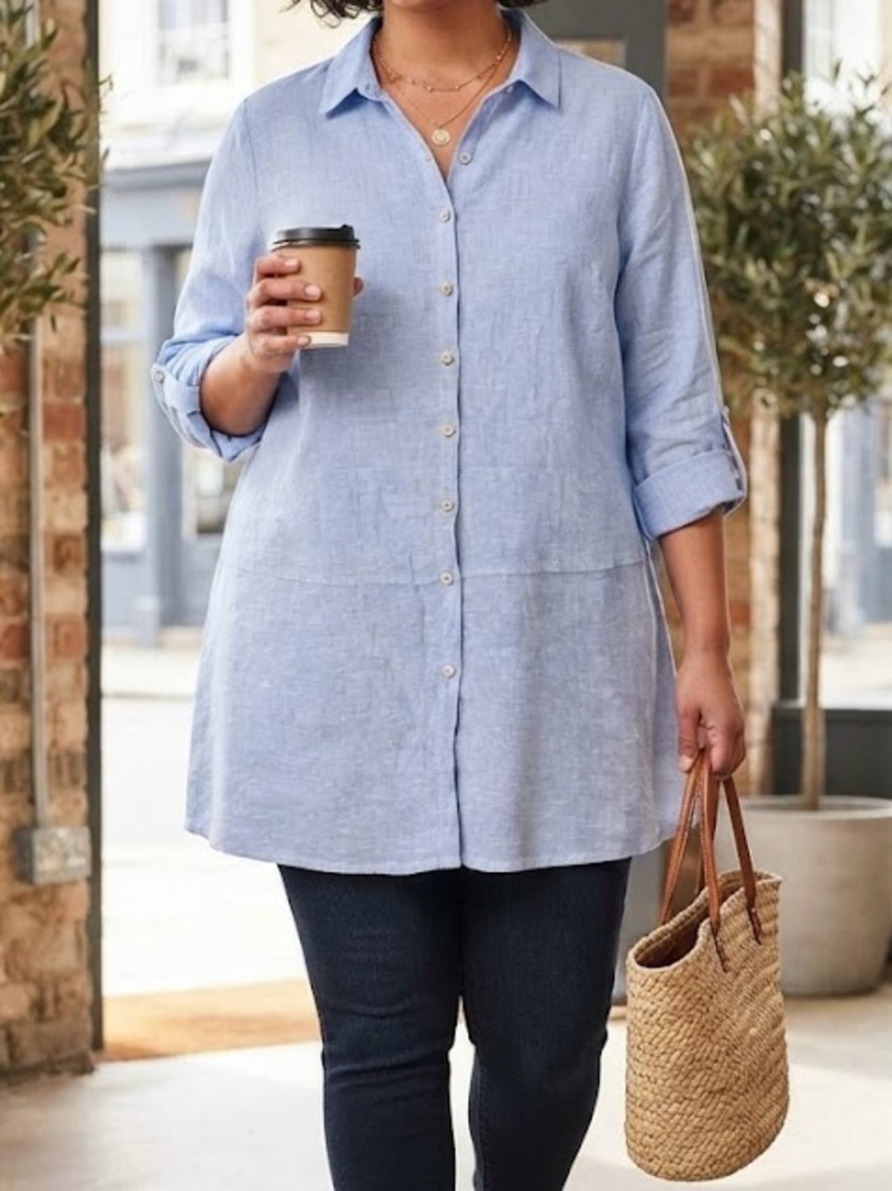 Tahari Essentials 100% Linen Button-Down Shirt Size 1X Light Blue Tunic Denim